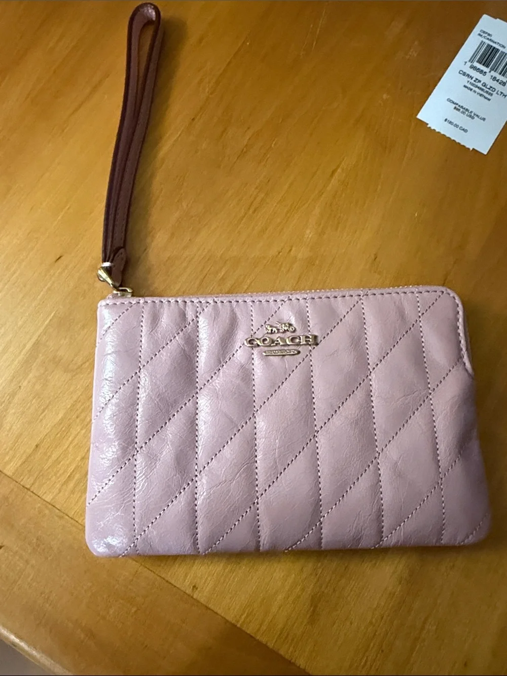 Coach Quilted Wristlet in Light Pink with Gold Hardware